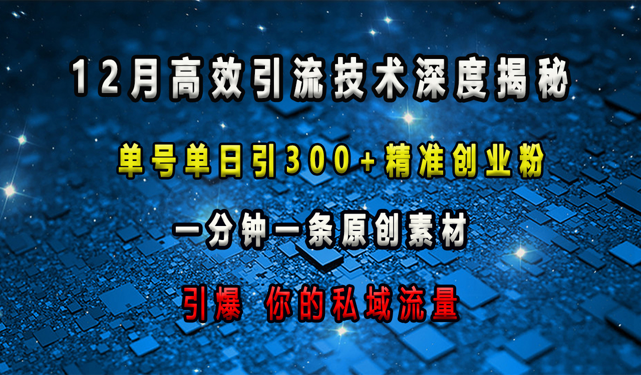 12月高效引流技术深度揭秘 ,单号单日引300+精准创业粉,一分钟一条原创素材,引爆你的私域流量艺创吧-网创项目资源站-副业项目-创业项目-搞钱项目艺创吧