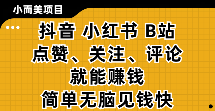 小而美的项目，抖音、小红书、B站视频点赞、关注、评论就能赚钱，简单无脑立见收益！妥妥的零撸项目艺创吧-网创项目资源站-副业项目-创业项目-搞钱项目艺创吧